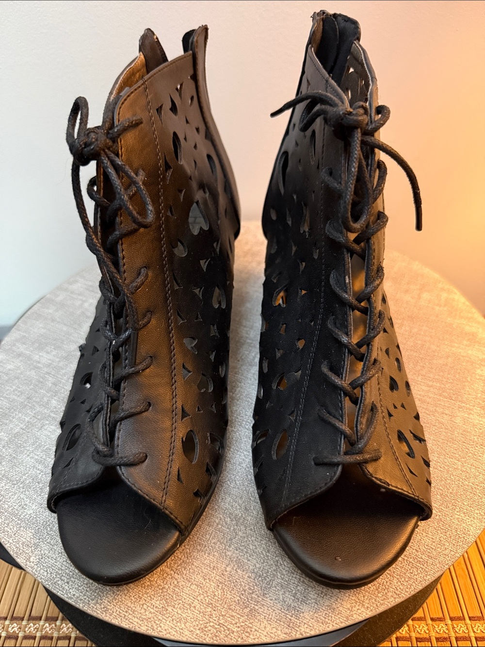 Women’s Black Lace-Up Peep Toe Ankle Booties